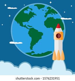 The rocket against the Earth's background in flat design style, icons, vector