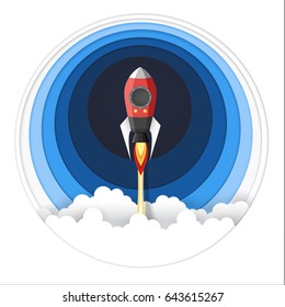 The Rocket in the Air, Paper Art style, the concept is start up or freedom , paper art, vector design element illustration