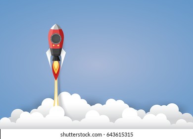 The Rocket in the Air, Paper Art style, the concept is start up or freedom , paper art, vector design element illustration