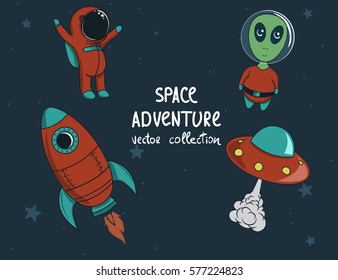 rocket ,alien,ufo and astronaut set collection.Cosmic world.Cartoon childish vector illustration