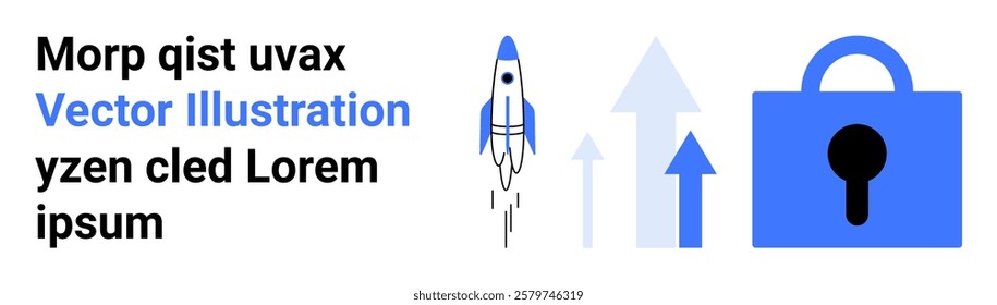 Rocket alongside upward arrows and a security lock symbol in blue accentuate growth, innovation, security, and progress. Ideal for technology, business, startup, security, innovation. Banner