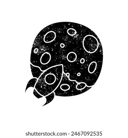 Rocket anad planet icon to the moon concept crypto currency black hand drawn icon in grunge look