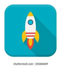Rocket app icon with long shadow. Flat stylized square app icon with long shadow