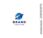 Rocket Around Blue Earth Logo Design. Simple Rocket and Blue Earth Icon Logo Design.