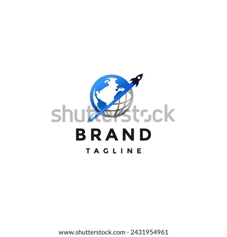 Rocket Around Globe Earth Logo Design. Rocket Launches Between Globe Equator and Earth Logo Design.