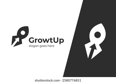 Rocket with Arrow up logo icon design for business start up, business progress symbol, marketing booster logo template