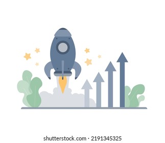 Rocket with arrows going up, personal and career development. Concept of fast growth and boost. Cartoon minimal style.