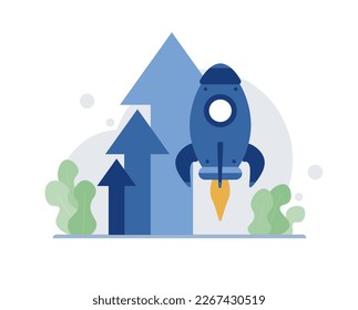 Rocket with arrows going up, personal and career development. Concept of fast growth and boost. Modern Flat Illustration.