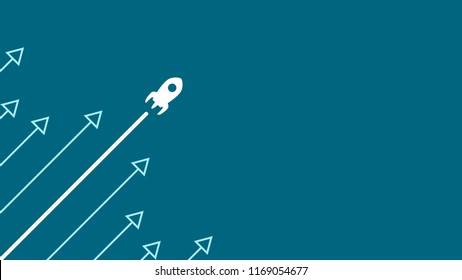 Up rocket and arrows on blue background illustration, copy space composition, business growth concept.