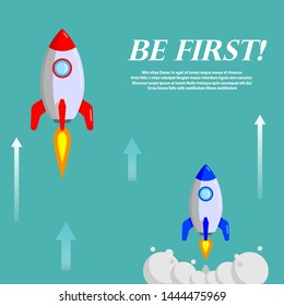 Up rocket and arrows on blue background. Be first. Business growth concept. Illustration. 