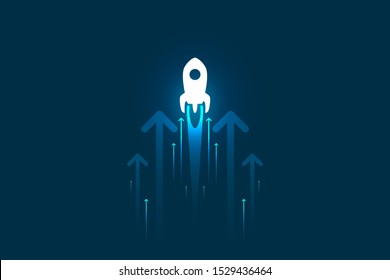 Up rocket and arrows on blue background illustration, copy space composition, business growth concept.