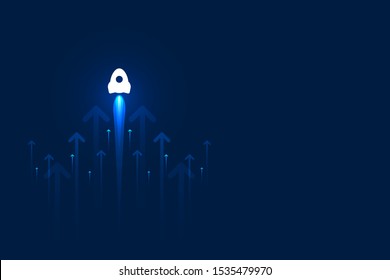 Up rocket and arrows on blue background illustration, copy space composition, business growth concept.