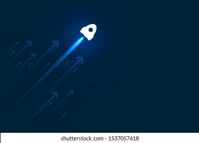 Up rocket and arrows on blue background illustration, copy space composition, business growth concept.