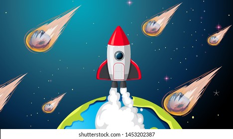 Ilustración de escena de cohetes y asteroides