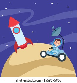rocket and astronaut boy in a space car in the moon at the space, colorful design. vector illustration