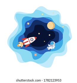 Rocket and astronaut in the cosmos