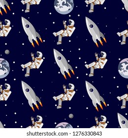 Rocket and astronaut flies near the planet Earth seamless pattern