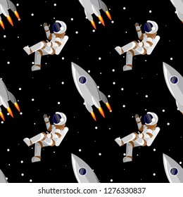 Rocket and astronaut flies in open space seamless pattern