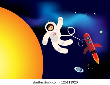 Rocket and astronaut fly in Space, vector illustration