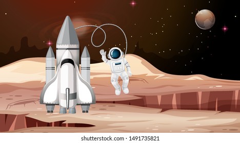 Rocket and astronaut mars scene illustration