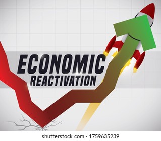 Rocket attached to an arrow and pulling up it after a crisis moment, over squared pattern background, promoting Economic Reactivation.