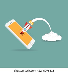 The rocket is attacking the mobile phone. Flat design. Successful startup business concept.