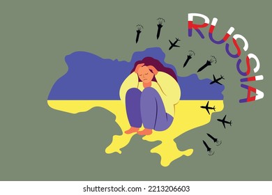 Raketenangriffe auf Zivilstädte der Ukraine. Krieg. Russland griff die Ukraine an. Die Frau sitzt verängstigt und bedeckt ihr Gesicht mit den Händen. Karte der Ukraine blau und gelb. Flaggenfarben der Ukraine