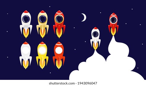 Rocket avatar template. Rockets with window porthole for face portrait. Suitable for team building, games, interaction, infographic, and score tracking. Vector illustration of a spaceship in space