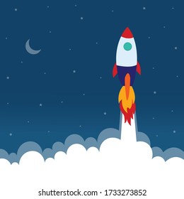 Rocket background floating into the sky Cartoon style design idea for Project start-up illustration concept of business.