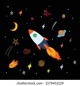 Rocket in the background of space There are stars around. Design vector