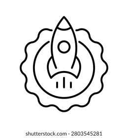 Rocket badge icon. Science and spaceflight line symbol. Black and white.