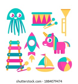 Rocket, ball, jellyfish, unicorn, character, pipe, drum, yacht. Set of bright toys for kids. Perfect for children shop, card, web store. Vector flat cartoon collection isolated on white background