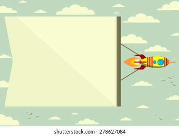 Rocket with a banner in the sky for your text. Stock vector illustration