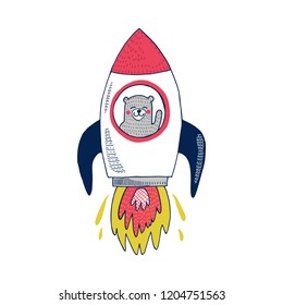 Rocket bear. Vector illustration for t-shirt, placard, poster, textile,  wall art, denim, stickers, mugs, covers, patterns, phone cases and other use