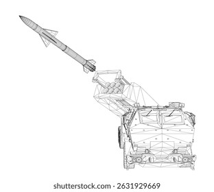 A rocket is being launched into the sky. The rocket is attached to a large vehicle. The vehicle is a military tank