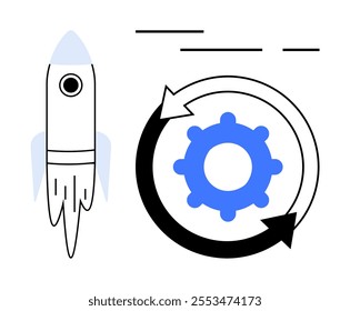 Rocket beside a rotating gear encircled by arrows, signifying innovation, automation, progress, and startup principles. Cartoon style. Ideal for technology, business planning, workflow, startups