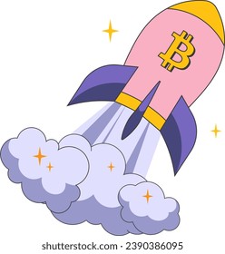 Cohetes con icono de bitcoin vuelan. Ilustración vectorial en estilo retro sobre el aumento de bitcoin en el intercambio criptodivisa