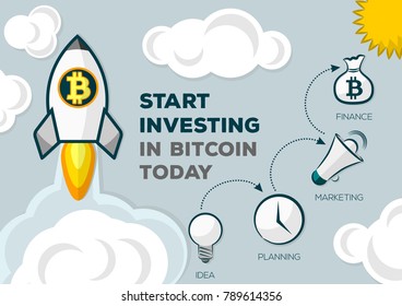 A rocket with bitcoin logo in flat design style. Start investing in bitcoin today.