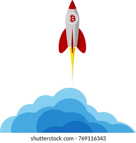 A rocket with bitcoin logo flying into space. Starting or starting an important project. The startup. Procurement for presentation