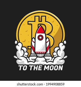 Rocket bitcoin to the moon cartoon illustration. vector graphic flat design