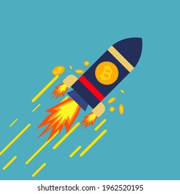 Rocket and Bitcoin Rising Value Ideas, Online Exchanger, Cryptocurrency Exchange Ideas and Exchange Rates. Vector illustration
