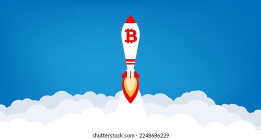 Rocket with bitcoin sign over clouds illustration