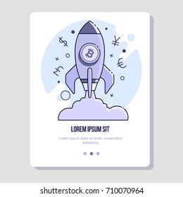 rocket with bitcoins. Flat line illustration for web and app.