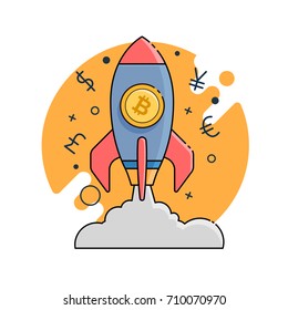 rocket with bitcoins. Flat line illustration for web and app.