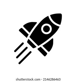 Rocket black glyph icon. Launch spacecraft into cosmos. Space shuttle. Aircraft and satellite. Start up. Silhouette symbol on white space. Solid pictogram. Vector isolated illustration