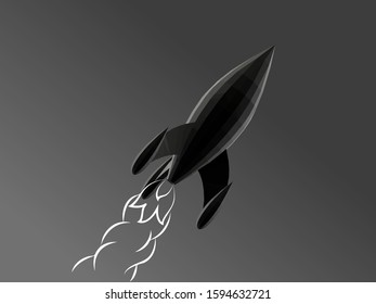 Rocket in Black and White. Dark Low Poly Vector Greyscale Silhouette 3D Rendering