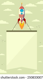 Rocket with blank poster for your text in the sky, vector illustration