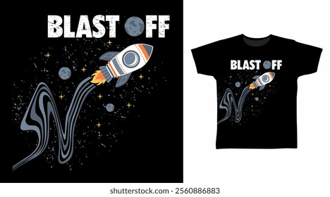 Rocket blast off hand drawn illustration, vector ready for print on t-shirt and other uses.