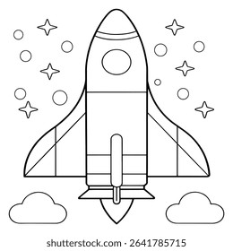 Rocket blasting into a vibrant starry night sky with cosmic elements in an artistic illustration