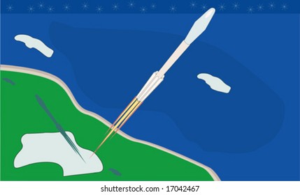 Rocket blasting off from land with sea and clouds